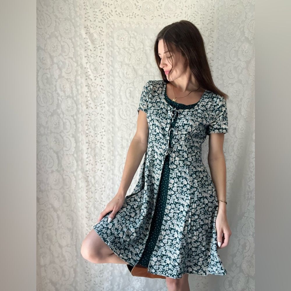 Vintage Late 80s Another Thyme Green Floral Mini Dress Bow Front Size 8 Petite